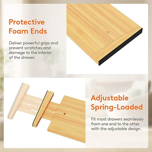 Miniatura 5 de Lifewit Paquete de 6 separadores de cajones de bambú de 5 pulgadas de profundidad, organizadores de cajones expandibles de 17.5 a 22 pulgadas para