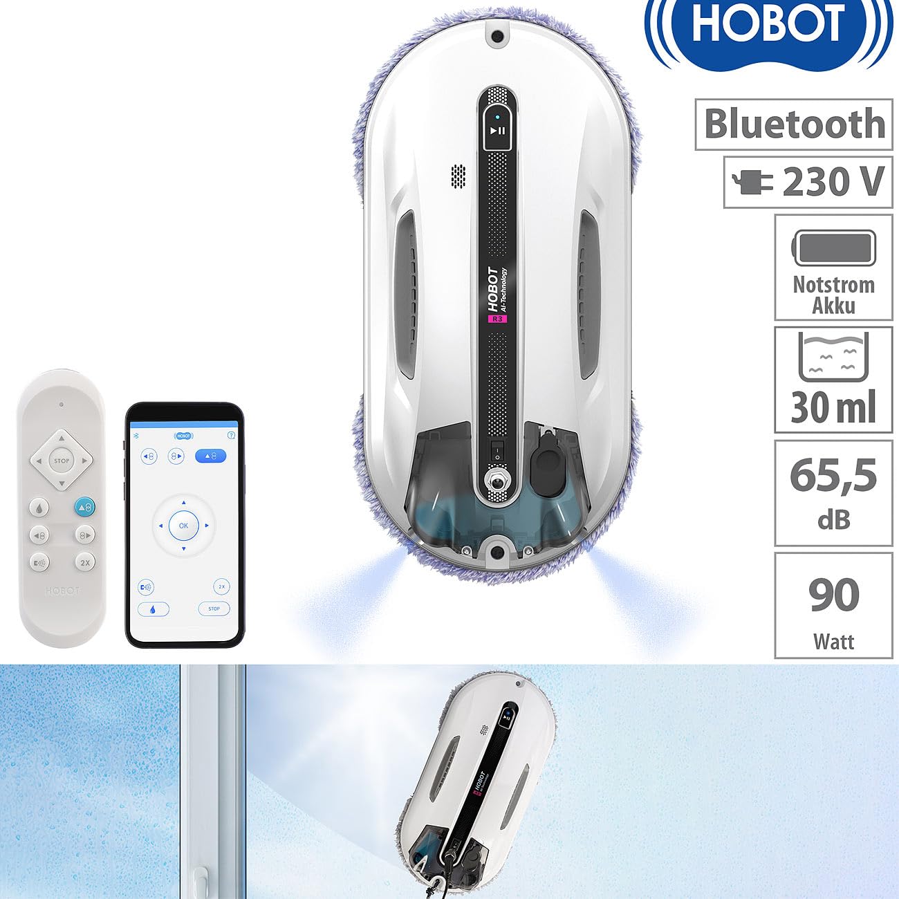 Scheibenwascher Roboter: HOBOT-R3 Profi-Fensterputz-Roboter mit Dual-Sprüh-Funktion, App (Smarter Fensterputzroboter, Scheibenputzroboter, Apple iPhone Ladekabel)