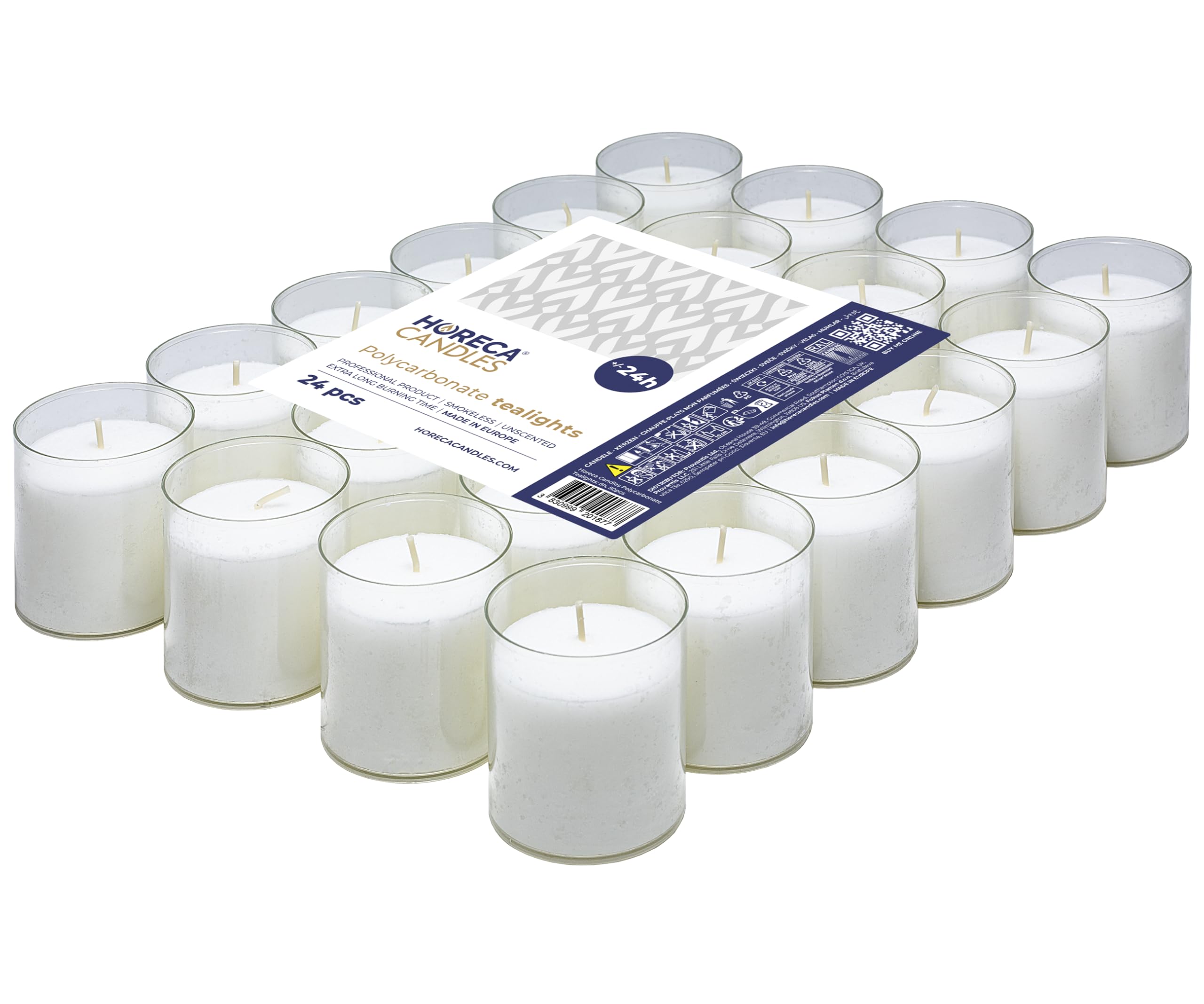 Horeca White Tealights Candles 24 Pack - 24 Hour Burn Time - Unscented Tea Lights - Transparent Plastic Cup - Candles Long Burning for Home, Wedding, Decoration, Catering