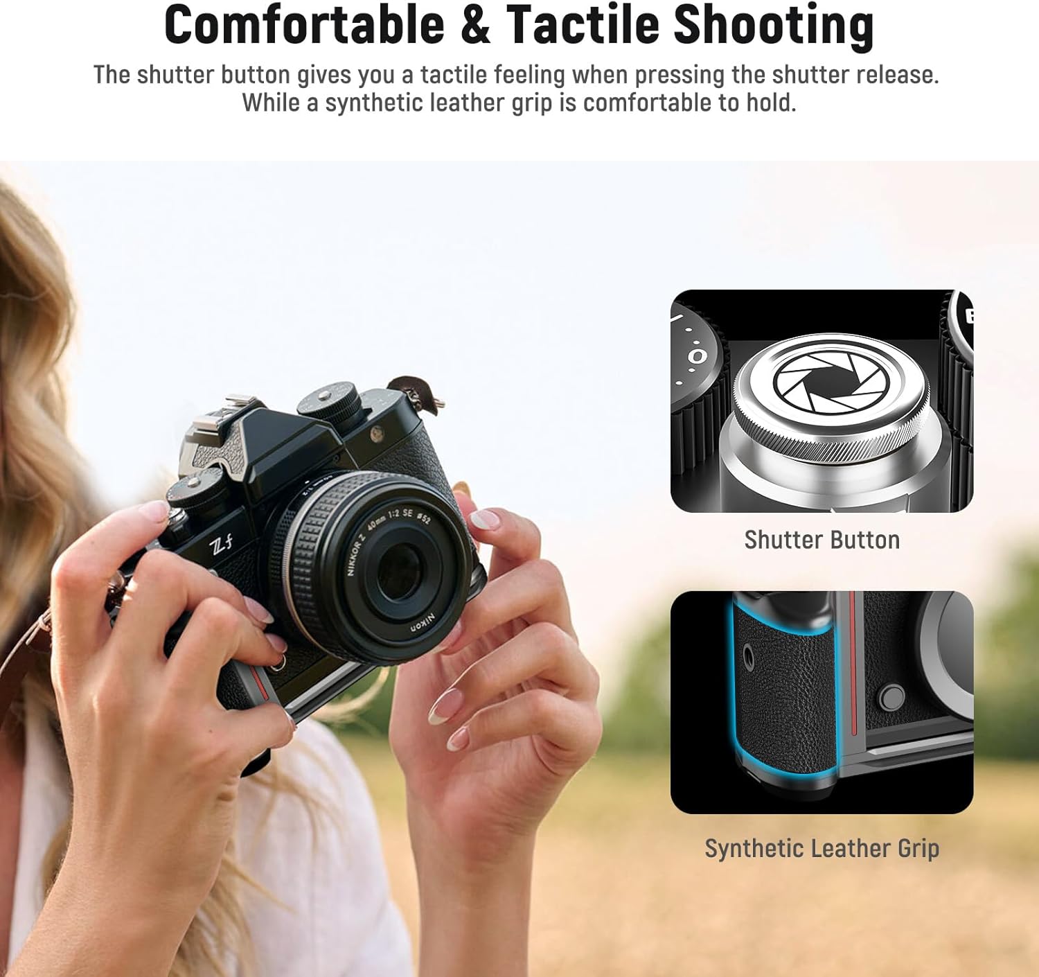 NEEWER Zf Handgrip L Shape Grip for Nikon Z f, Ultra Thin Retro Formfitting Camera Mounting Baseplate with Handle & Aluminum Shutter Button Cap, Compatible with Arca Swiss Tripod Fluid Head, CA073 - Image 2