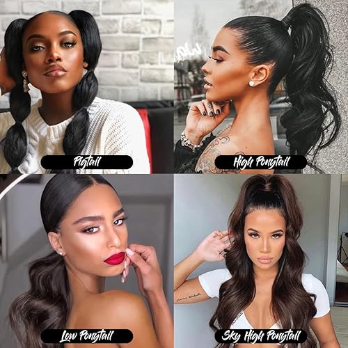 Miniatura 4 de GLAM21USA Extensión de cola de caballo recta de 18 pulgadas de largo con cordón para mujeres negras, extensión de cabello natural con clip, pieza de