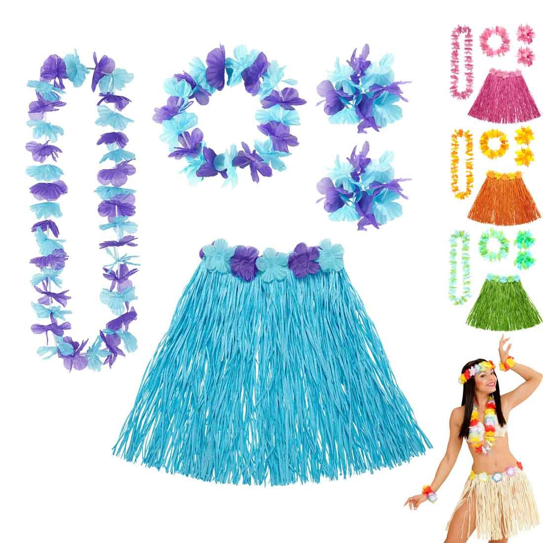Amakando Bastrok Flower Necklace Hawaii Hula Set Colourful Hawaikette Bastskirt Limbo Party Outfit South Sea Costume Accessories Beach Party Beach Party