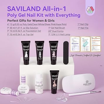 SAVILAND Hema-Free Poly Gel Nail Kit Starter: 4 Colors Natural Clear Poly Nail Gel with U V Lamp Slip Solution Quick Dry Nourish Nails 28 Days Durable DIY Salon Home Use