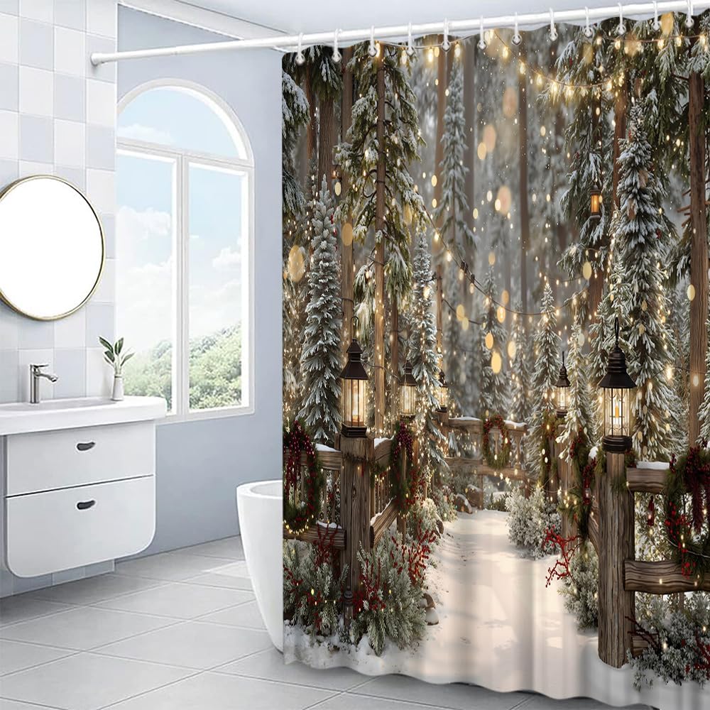 Winter Forest Snow Shower Curtain Christmas Snowy Pine Foggy Forest Snowflake Bath Decor Polyester Fabric Curtains 106X70 Inch