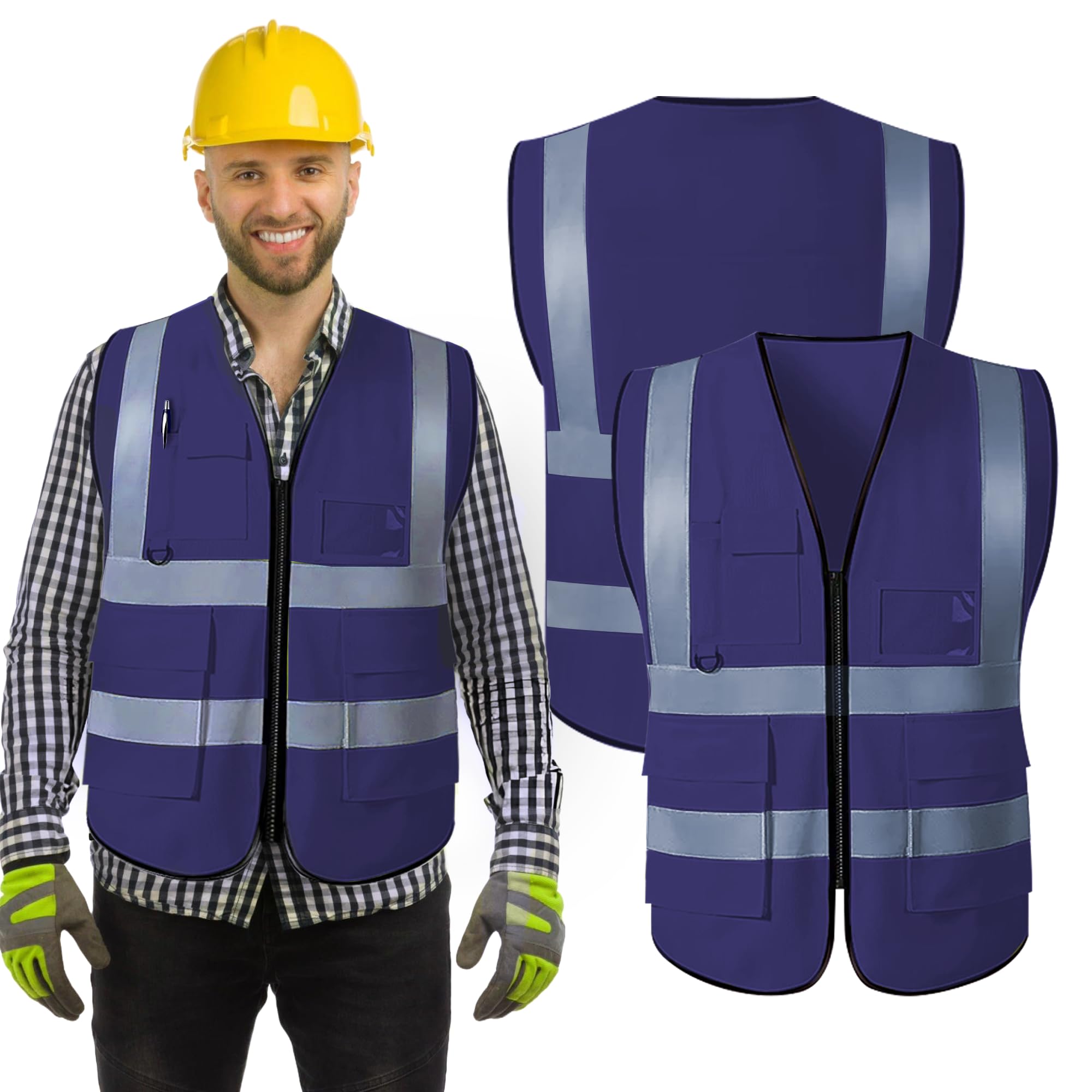 Wraplyft Hi Visibility Custom Safety Work Vest for Men and Women | Vest with Zipper Front and Multi Function Pockets - 360° Reflective Coverage with 2-Inch Reflective Tapes - (Navy,XL)