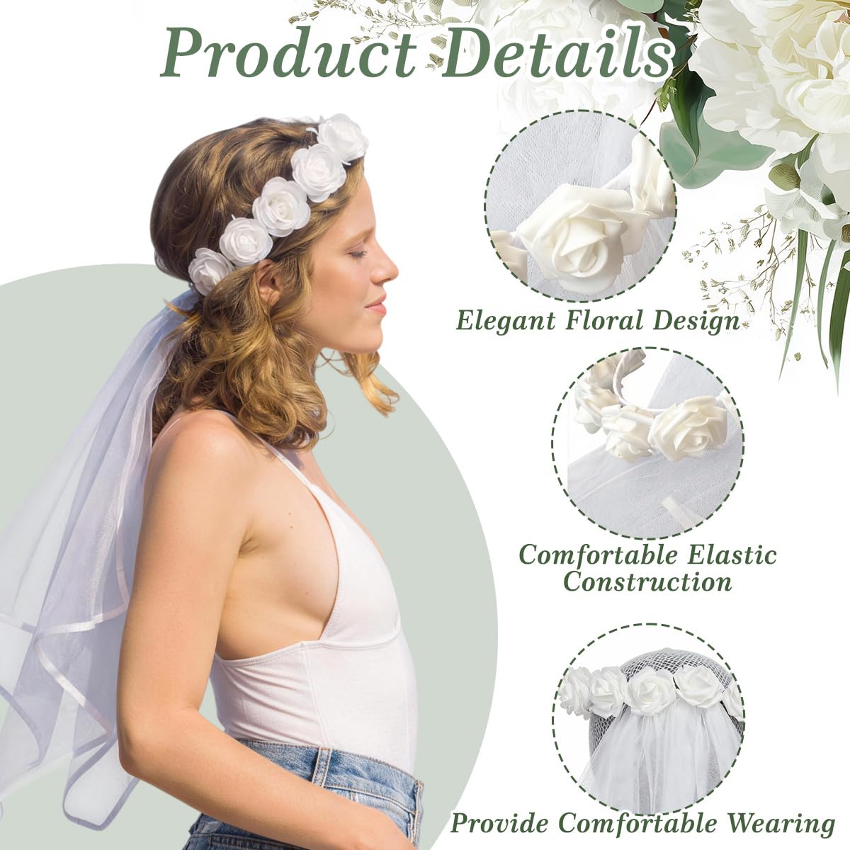 QUUPY Bridal Veil Headband Flower Wreath with Lace Veil Foam Flowers 45cm White Boho Floral Crown Hair Accessories for Wedding Engagement Photo Shoot - Image 3