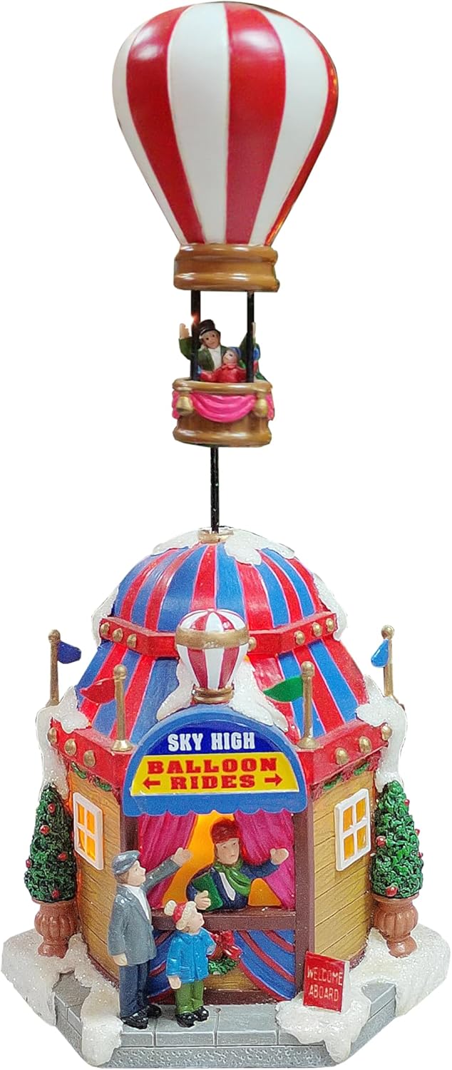 MOMENTS IN TIME Christmas Village Sky High Hot Air Balloon Rides 12.2”H Animated Lighted Musical Scene Battery Operated Polyresin Holiday Décor Festive Tabletop Collectible Gift