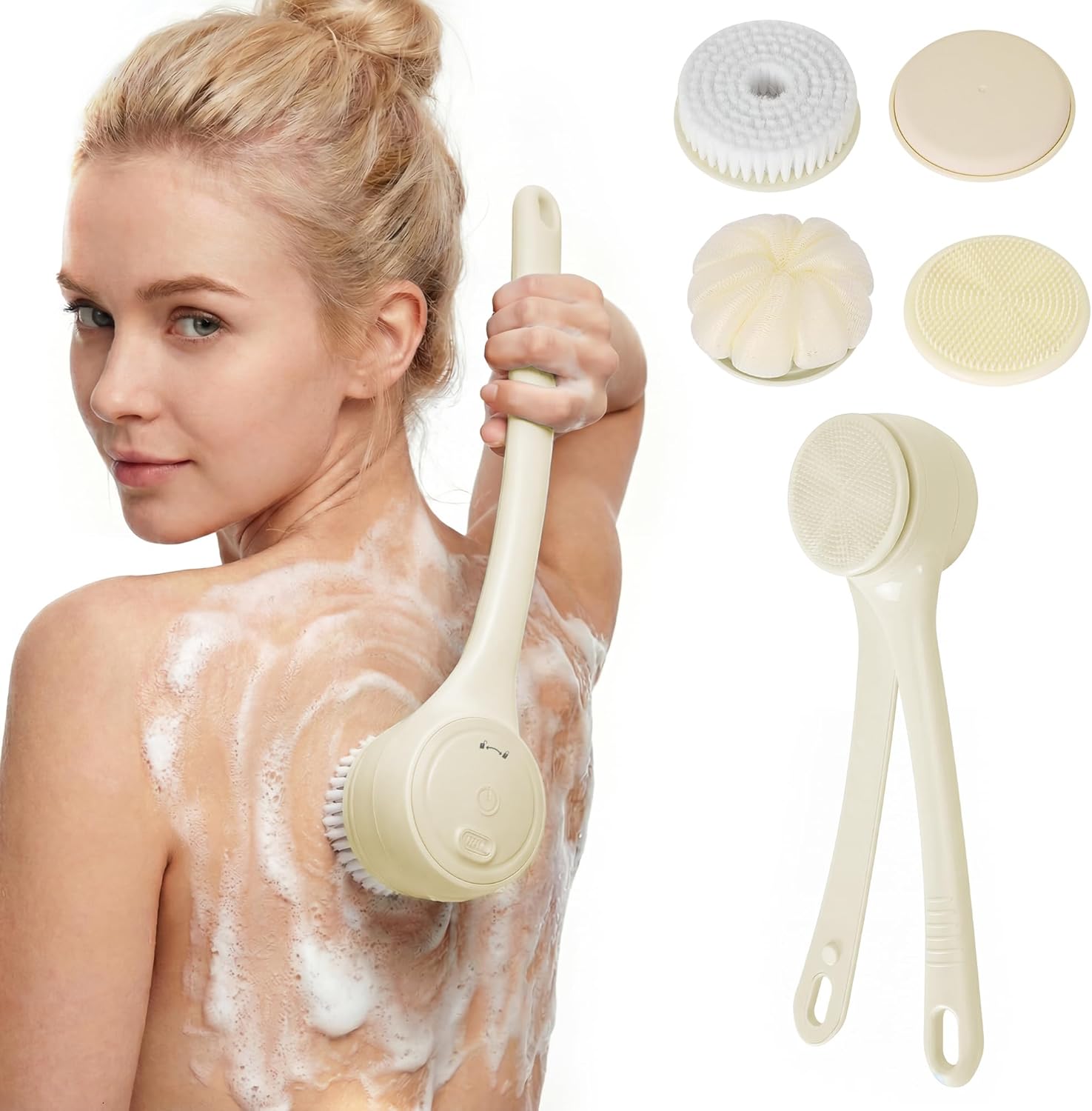 Electric Body Brush Back Scrubber for Shower，5 Replaceable Heads and Hook,Waterproof Long Dual Handle Power Body Scrubber 2 Speeds, for Cleansing Body, Exfoliating and Massaging Skin.
