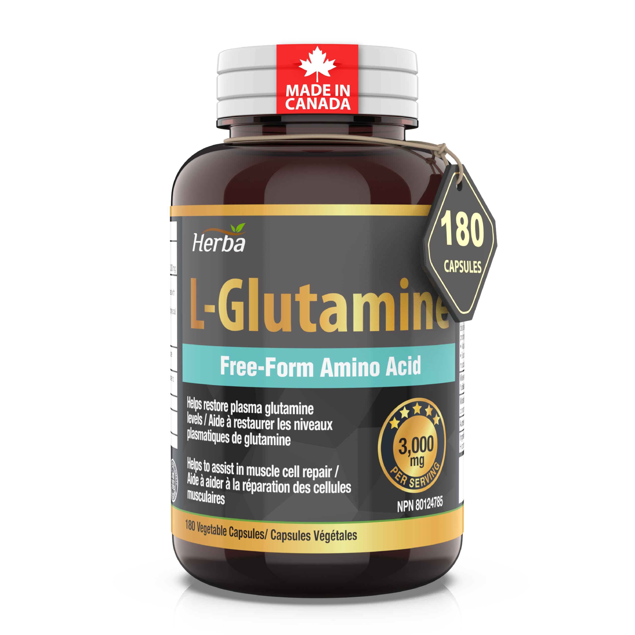 Herba L-Glutamine Capsules 750mg – 180 Vegetable Capsules | 3,000mg Per Serving | Free Form L Glutamine Supplement | NPN from Health Canada | Made & 3rd Party Tested in Canada