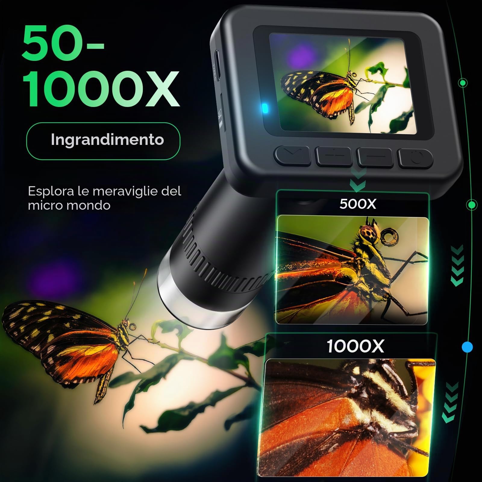Microscopio Digitale Portatile D-KS2 con Schermo IPS da 2", per Scattare Foto e Video, Scaricare su PC e Mac, Microscopio tascabile 1000X per Bambini/Adulti con Supporto Scheda SD da 32 G