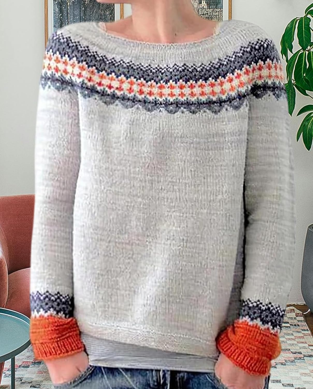 Fair Isle Sweater for Womens Winter Long Sleeve Vintage Knitted Sweater Casual Fall Crew Neck Pullover Sweaters - Image 4