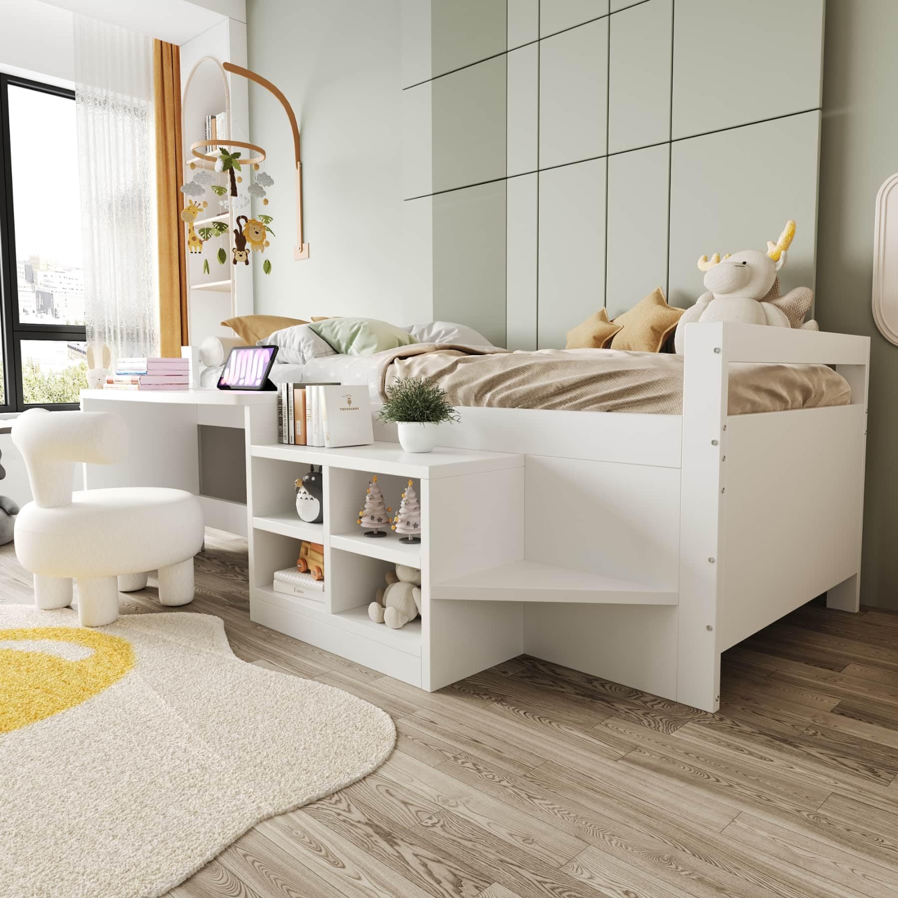 YEHTOKHOME Lit Multifonctionnel en Bois de 90 x 200 cm avec Bureau et Armoire de Rangement,Moderne lit Simple pour Enfant avec 2 Ports USB et Prise électrique(sans Matelas) (B, Blanc)