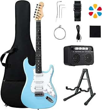 39in Full Size Electric Guitar Starter Kit, Solid Body Electric Guitar Set for Beginners with 10W BT Amp, Stand, Gig Bag, Strap, Strings, Tremolo Bar, 6 Picks and Online Lessons Blue