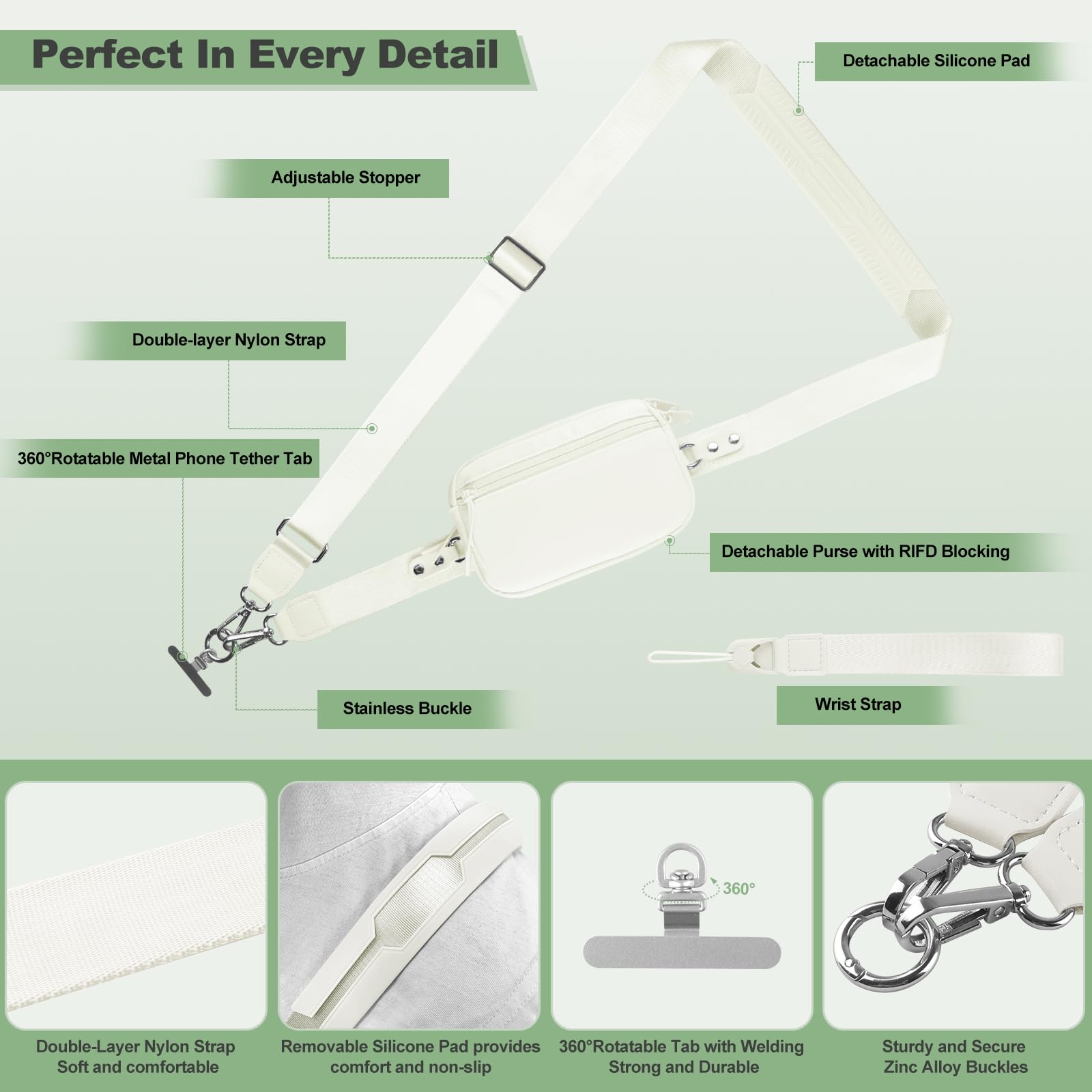 YFWE Handy-Gurt mit Geldbörse Crossbody | Abnehmbare RFID Blocking Armband Geldbörse | Universal Handy Lanyard mit 360° Drehbaren Clips für alle Smartphones (Cremeweiß)