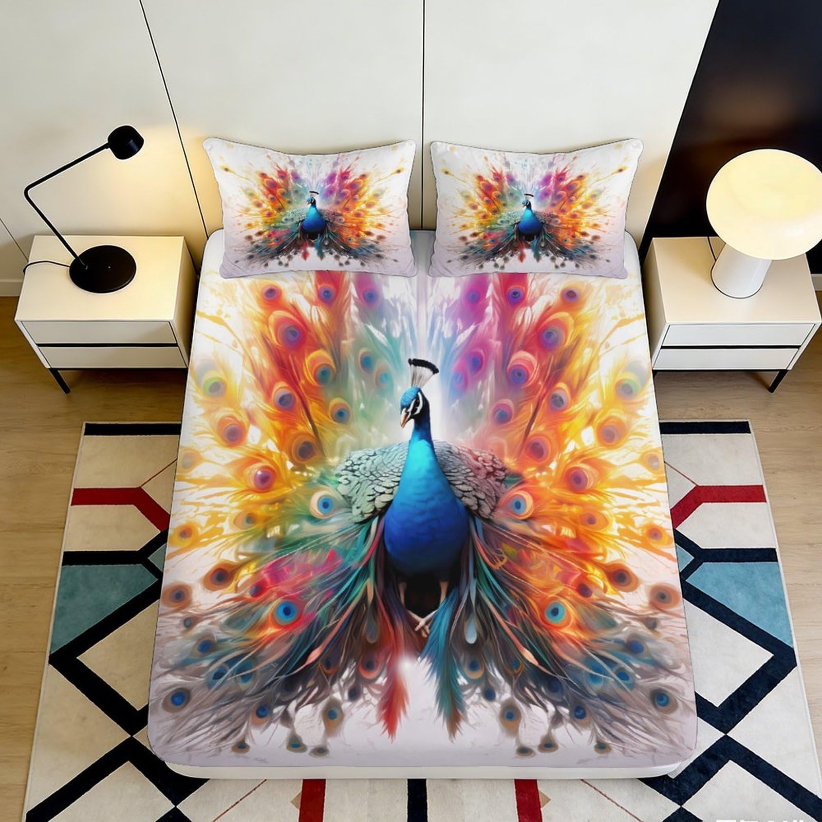 3D Printed Peacock Feather Fitted Sheet Microfiber Colourful Bed Sheet for Bedroom Guest Room Mattress Cover Decor 90x200x25cm