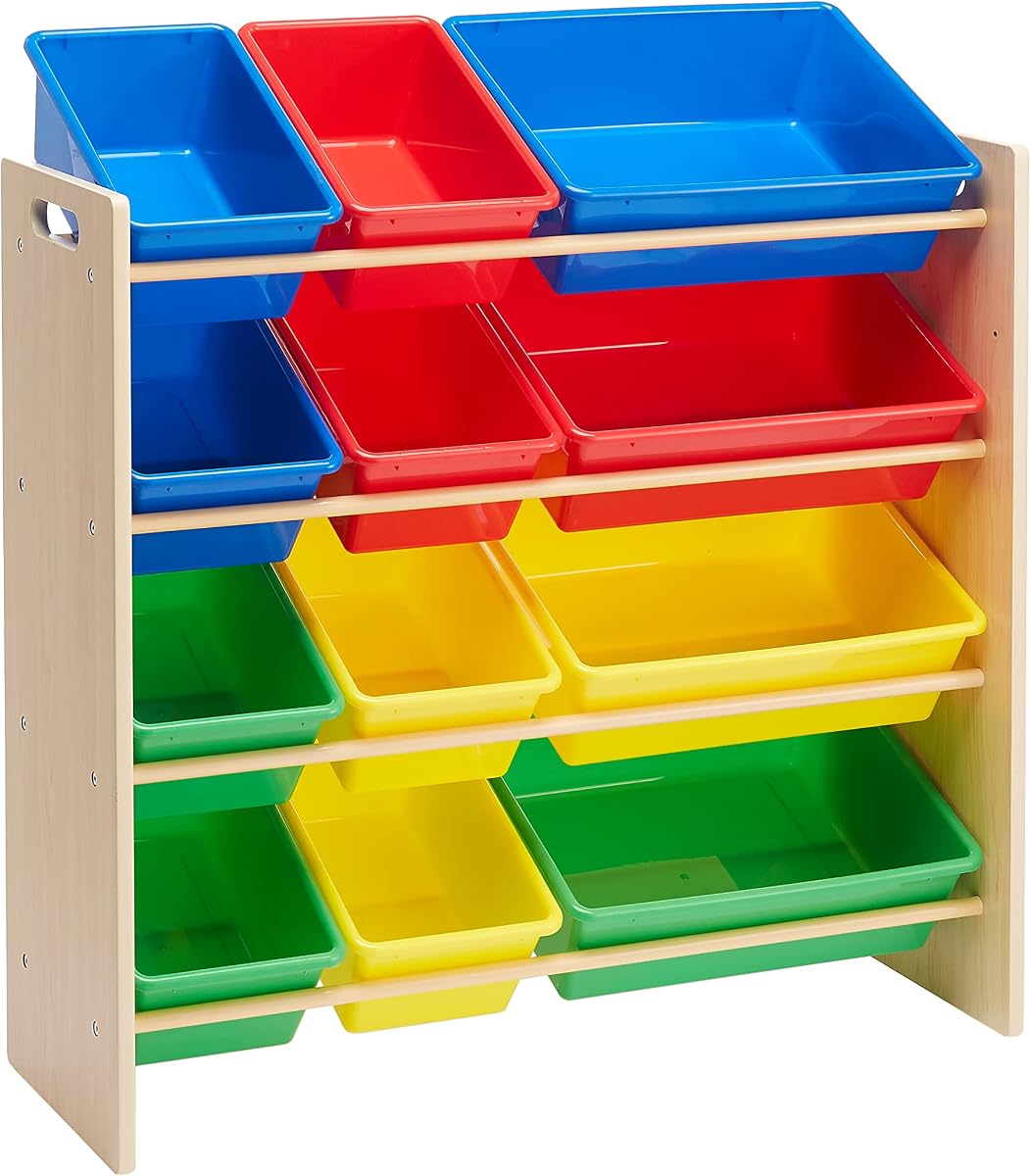 Organizador de almacenamiento de juguetes para niños con 12 contenedores de plástico, madera natural, multicolor, para dormitorio y sala de juegos, 33.85"D x 12.79"W x 35.42"H