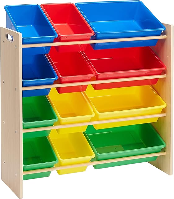 Amazon Basics Kids Toy Storage Organiser with 12 Plastic Bins - Natural Wood with Bright Bins