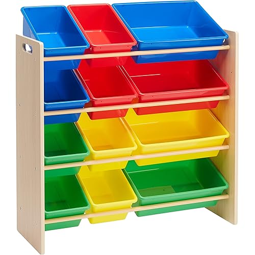 Amazon Basics Kids Toy Storage Organizer With 12 Plastic Bins, Natural Wood With Bright Bins, 10.9" D x 33.6" W x 31.1" H