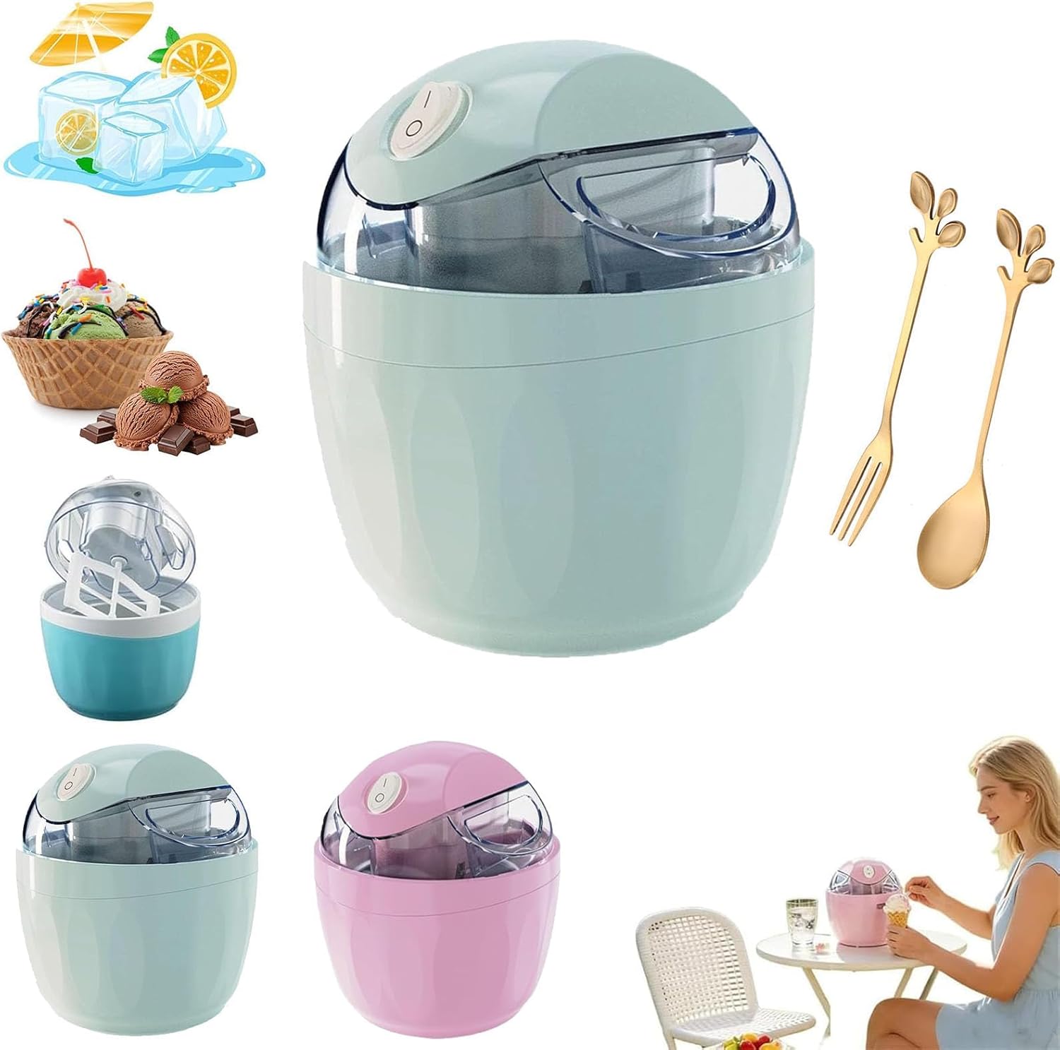 Small Home Mini Ice Cream Maker, 500ML Electric Single Serve Gelato & Frozen Yogurt Machine, 15-Minute DIY Dessert Maker with One-Touch Operation for Kitchen & Family Treats (Green)