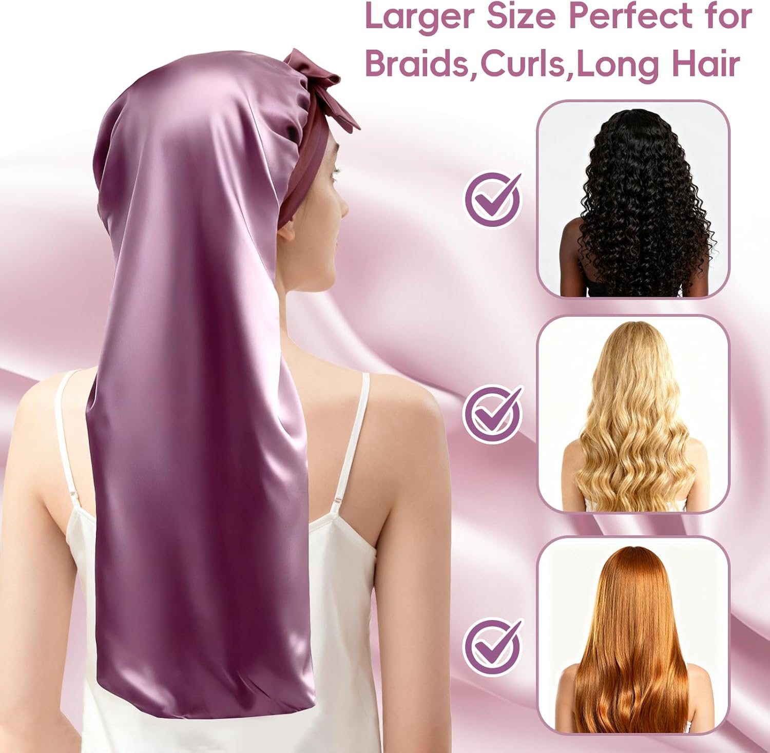 22 Momme 100% Mulberry Silk Bonnet for Sleeping Women, Satin Bonnet Wrap with Soft Tie Elastic Band, Non-Slip Hair Care Bonnet for Long Curly Hair Protection - Image 5