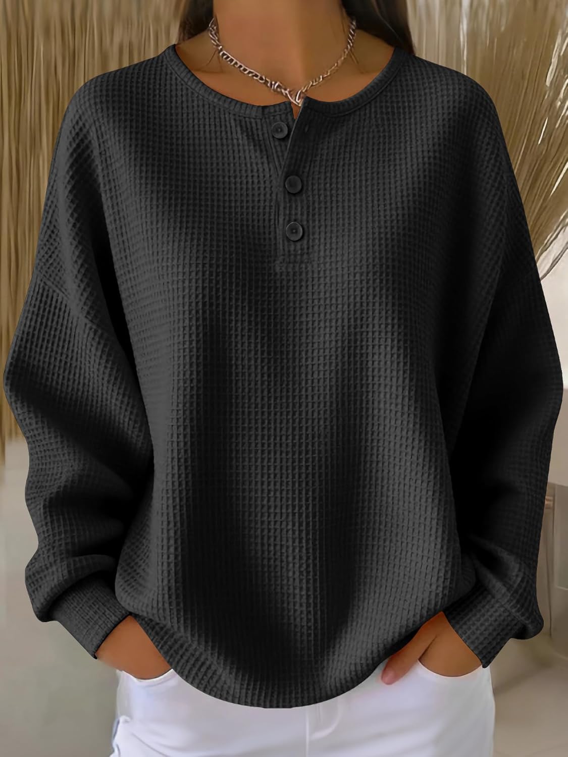 Women's Waffle Knit Sweater V-Neck Long Sleeve Pullover Loose Fit Casual Top with Button Detail - Image 2