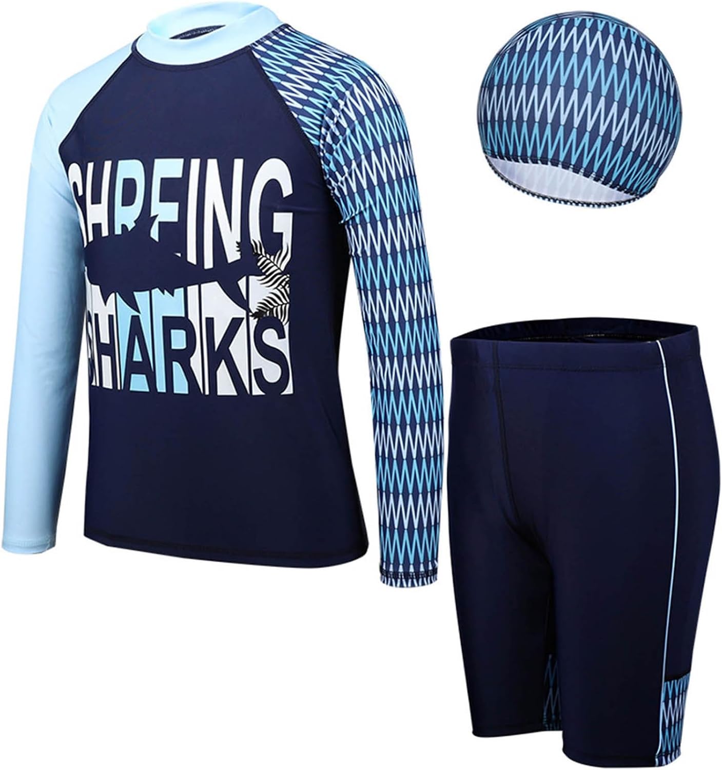 3Pcs Boys Swimsuit Set Kids Long Sleeve Rash Vest Top Shorts and Swim Cap UPF 50+ Bathing Suit