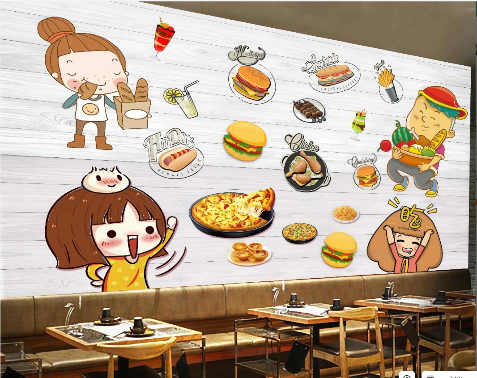 XDOUBAO Wallpaper Hand-Painted Burger Fast Food Restaurant Snack Theme Dessert Afternoon Tea Western Restaurant Background Wall Wallpaper Coffee Shop Mural,3D,150x105cm