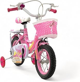دراجة فري ستايل للاطفال من البدر مقاس 12 انش بتصميم عصري للاولاد والبنات، للاعمار من 3 الى 6 سنوات، لون بينك، مع مقعدين وسلة، وعجلات تدريب مضيئة، اطارات هوائية 12 انش، دراجة اطفال، زهري