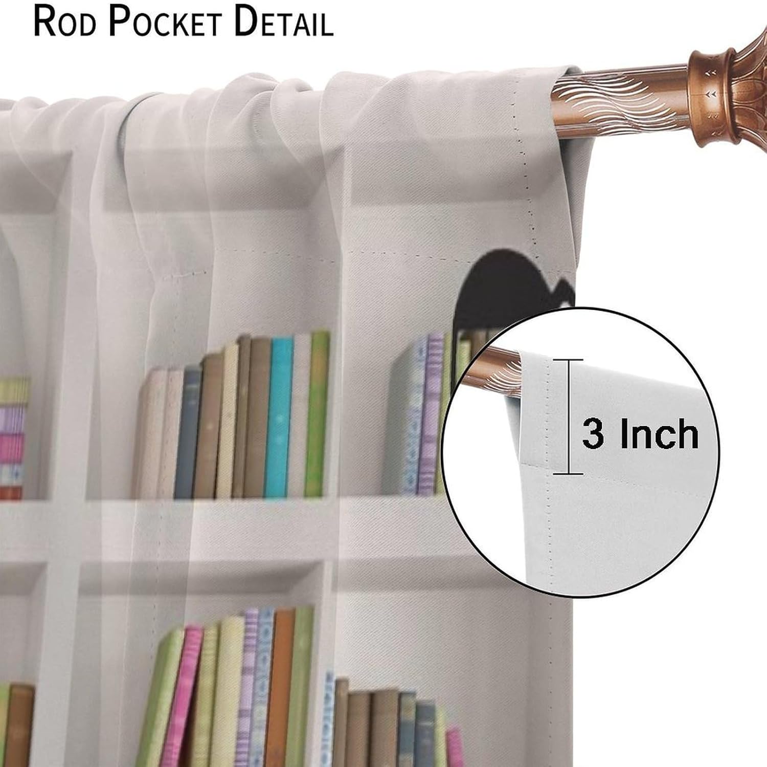 Bookshelf Curtain, Library Vintage Educational Bookcase Cute Lazy Cat Wooden Bookcase Antique House Hippie Art Wall Window Curtains for Bedroom Living Room 42" W X 63" L(No Blackout)