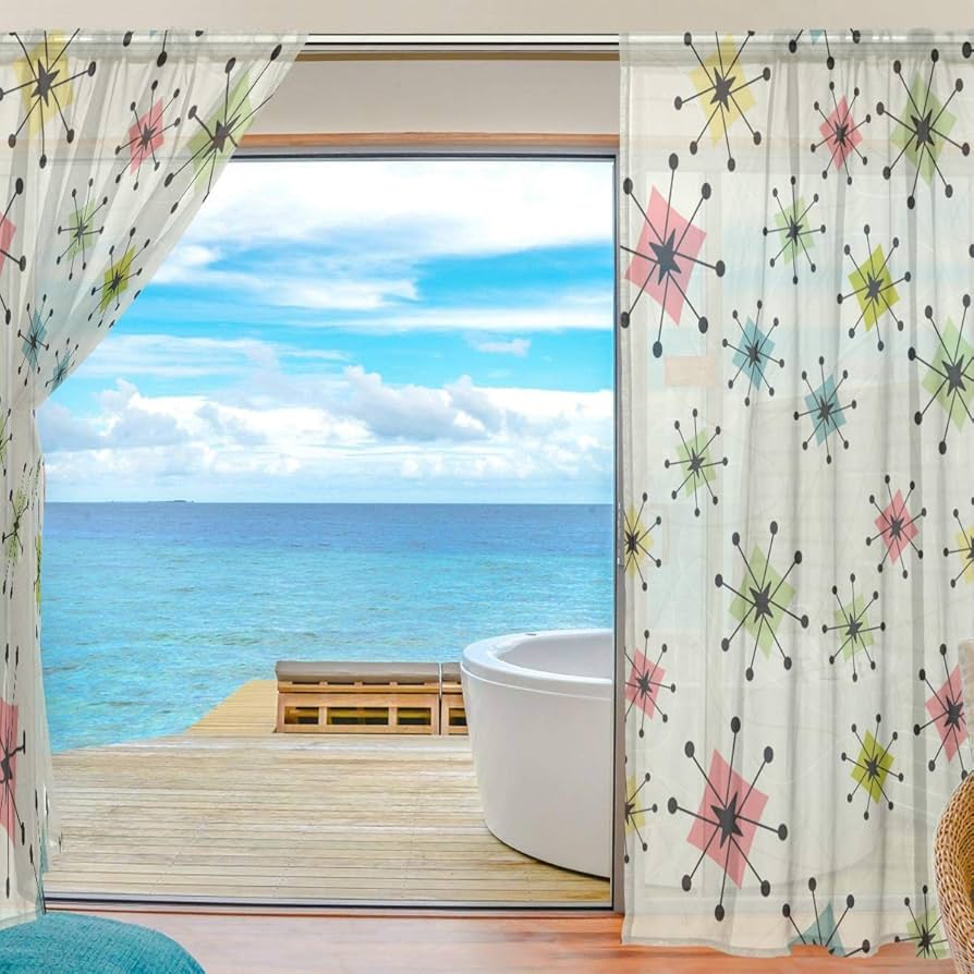 レトロ　カーテン Amazon｜OREZI シアーカーテン ヴィンテージ アトミックスター 寝室 窓