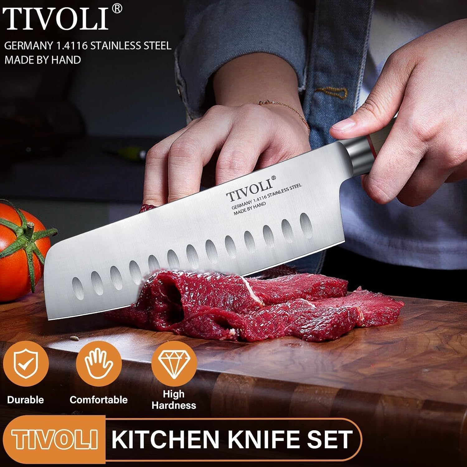 TIVOLI 3 PCS Kitchen Knife Set, High Carbon Stainless Steel Cutlery Knife Set, Ergonomic Wood Handle, Professional Chef Knife Set Gifts For Cooks
