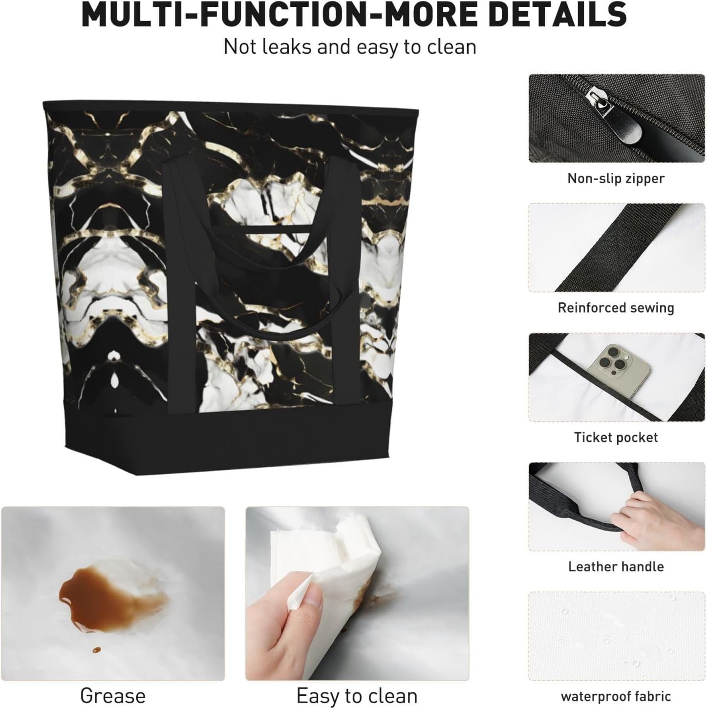 Black And White Marble Texture Print Large Cooler Bag Tote Bag,Reusable Grocery Bag,Lunch Box Bag, For Picnic Beach Camping