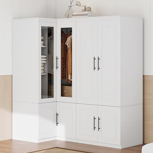 Armario Armario: Juego de 2 modernos armarios de esquina para dormitorio con vidrio, armario de almacenamiento de ropa de madera de gran capacidad