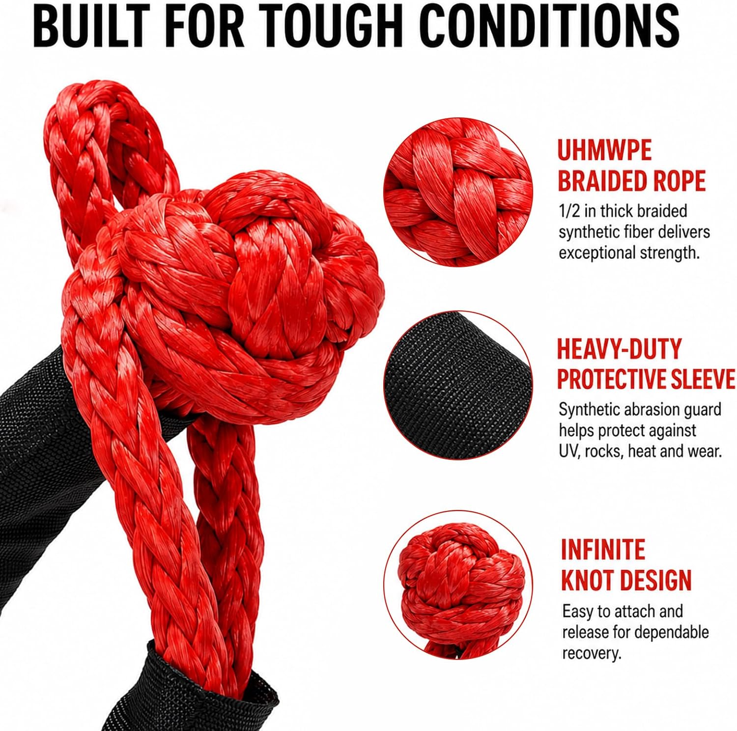 2 PCS Synthetic Soft Shackle Rope, 22 Inch Car Road Recovery Shackle with Protective Sleeves, UHMWPE Tow Shackles Recovery Rope for Offroad Vehicles Trucks UTVs, Car Accessories (Red)
