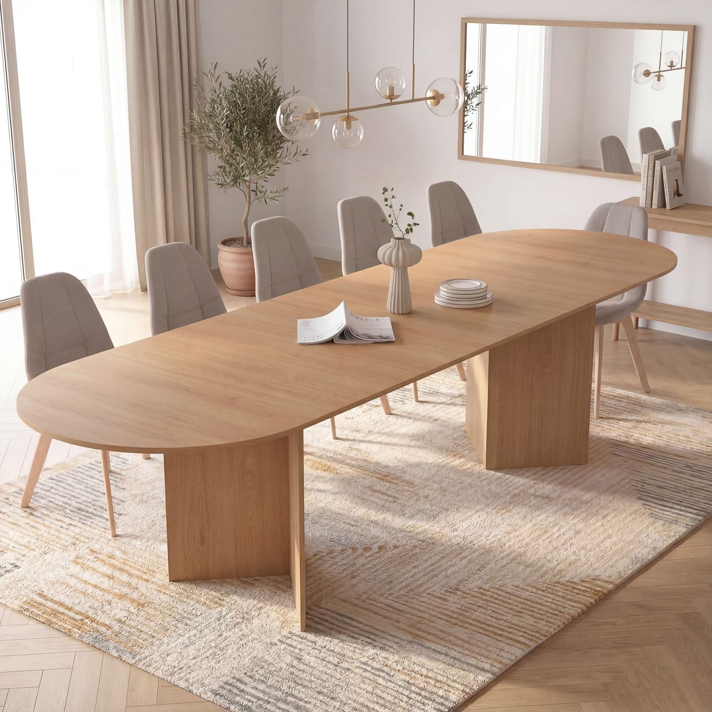 IDMarket – Mesa de comedor extensible, ovalada, 6-12 personas, madera de haya, 200-300 cm