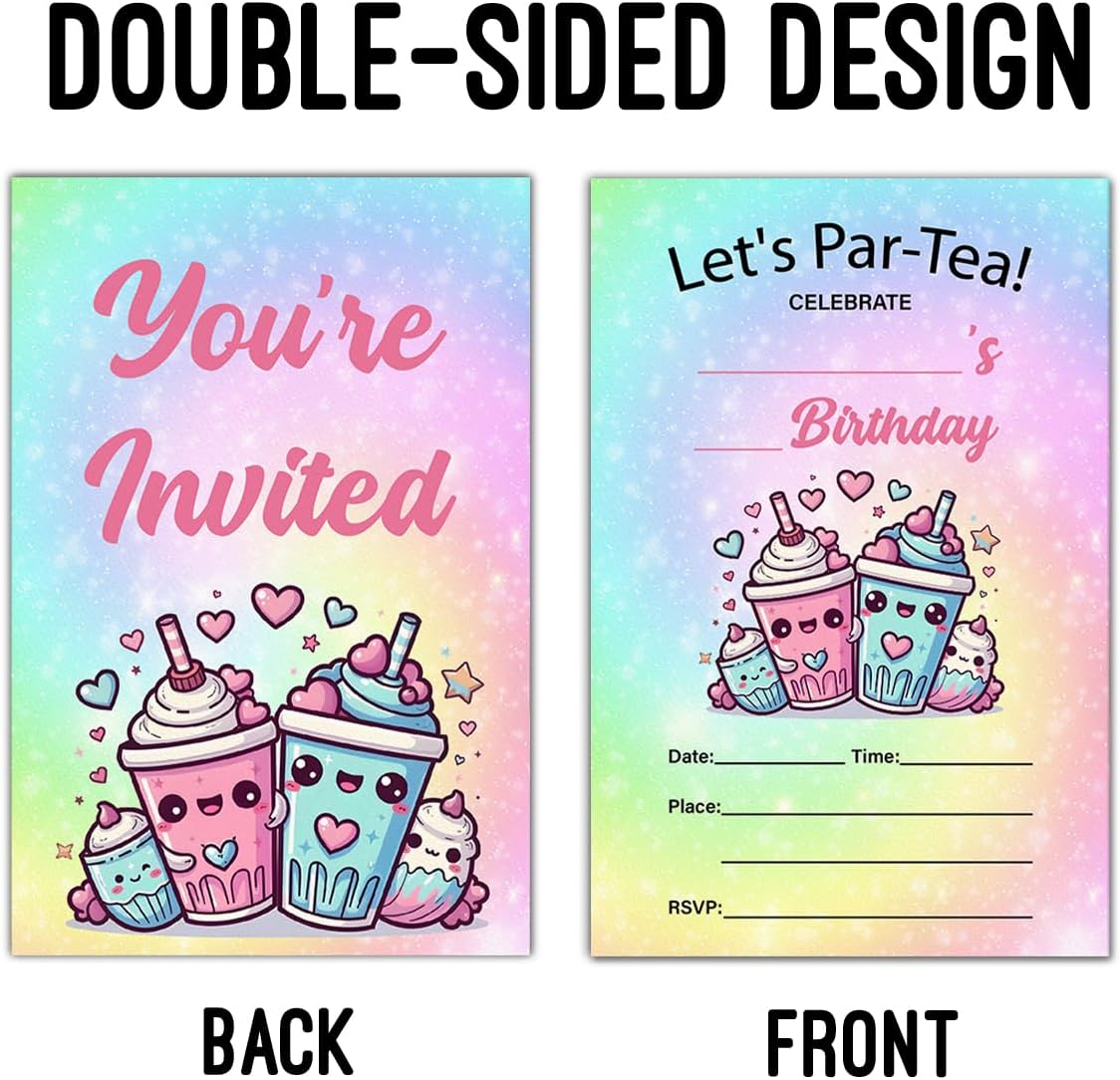LyoGao Boba Tea Birthday Party Invitations With Envelopes (20 Pack) - Boba Par-tea Birthday Invitations Bubble Milk Tea Party Fill in Invites Cards
