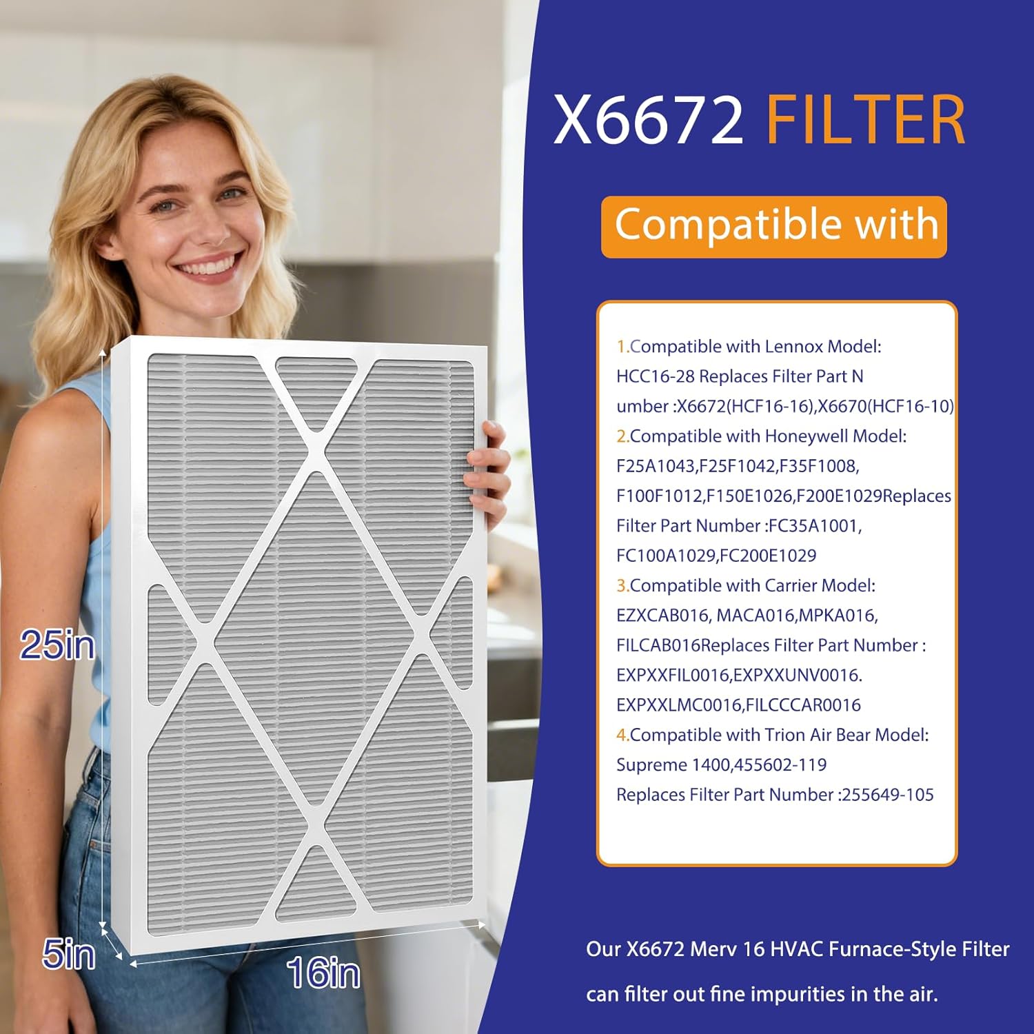 X6672 16x25x5 MERV 16 Furnace Air Filter, Compatible with Lennox X6672 Healthy Climate Carbon for Furnace,Actual Size: 15.75 x 24.75 x 4.37 In 2 Pack