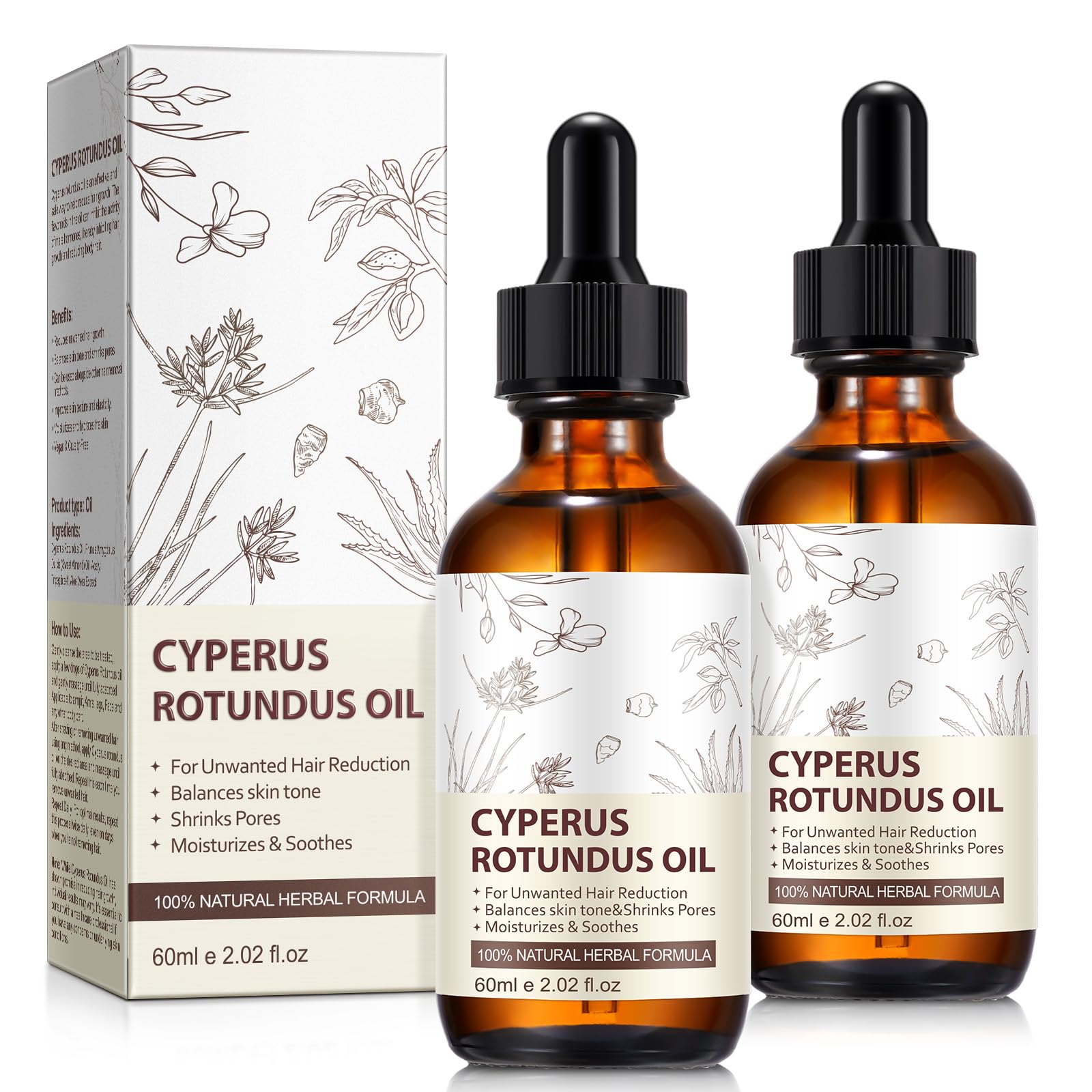 2 Pack Natural Cyperus Rotundus Oil for Hair Removal Gentle Effective Body Hair Growth Reducer 4 fl oz
