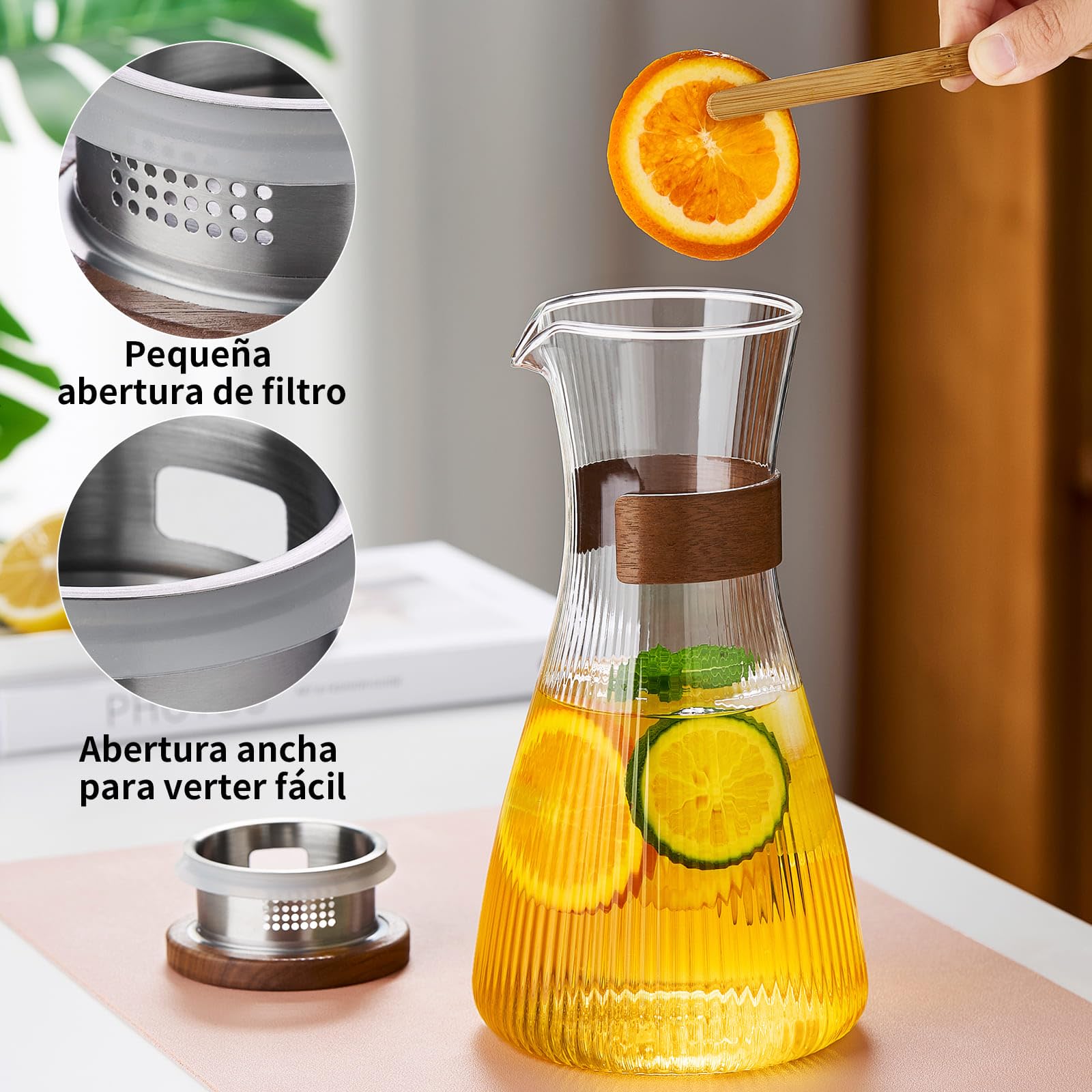 MESNEY Jarra Agua Cristal con Tapa, 1500ml Jarra de Agua Cristal de Borosilicato, Resistente al Calor, con Filtro de Acero Inoxidable, Apta para Nevera y Estufa
