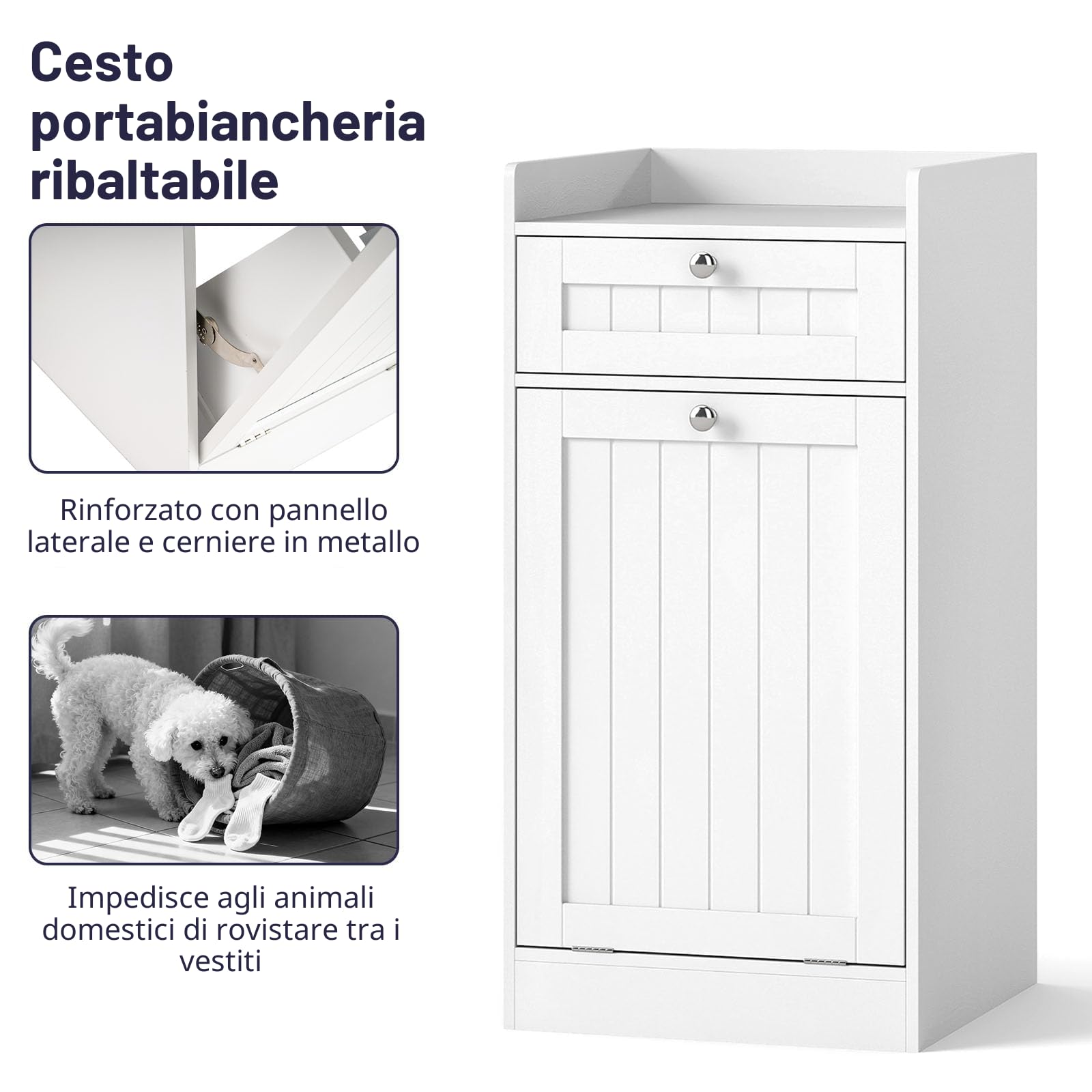 LIFEZEAL Cesto Biancheria Sporca a 1 Scomparto, Bianco, con Sacco Rimovibile, Cassetto, Piano Portaoggetti, Mobile Portabiancheria, Cestino Estraibile, per Lavanderia, Bagno, 40,5x40x80cm