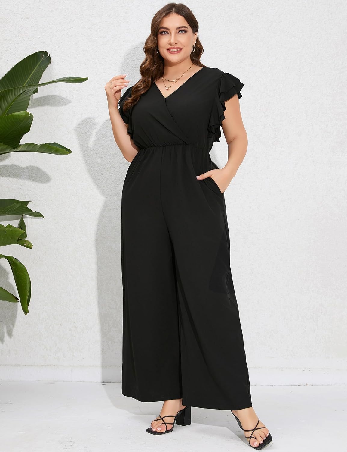 ShopWonder Women Plus Size Jumpsuit Wrap V Neck Ruffle Short Sleeves High Waist Wide Leg Romper Pants - Image 3
