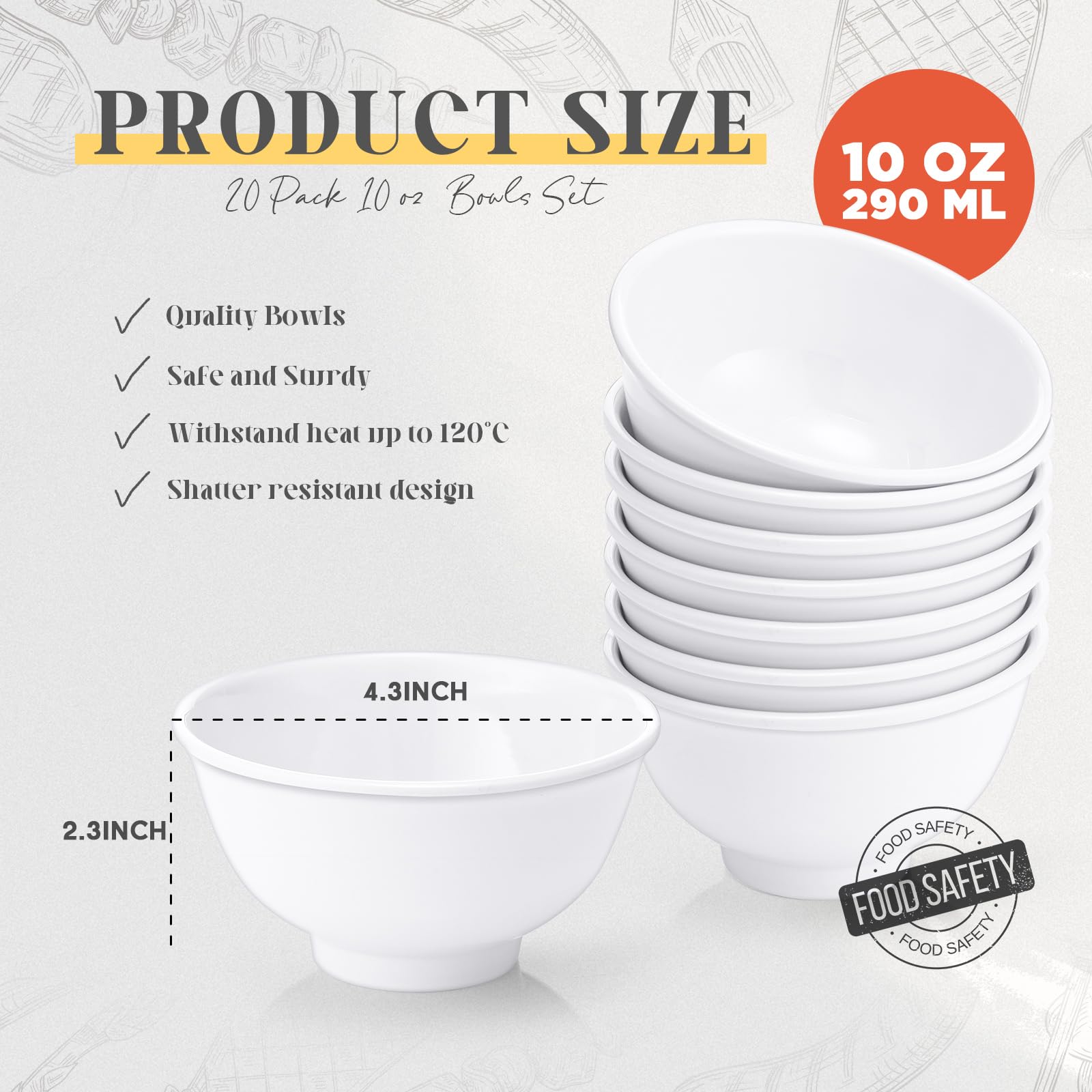 Tioncy Juego de 20 cuencos de melamina de 10 onzas, irrompibles, blancos, cuencos de ensalada, cuencos de cereales para pasta, cereales, arroz, sopa, postre, aperitivos, helados, pudín, ensalada de