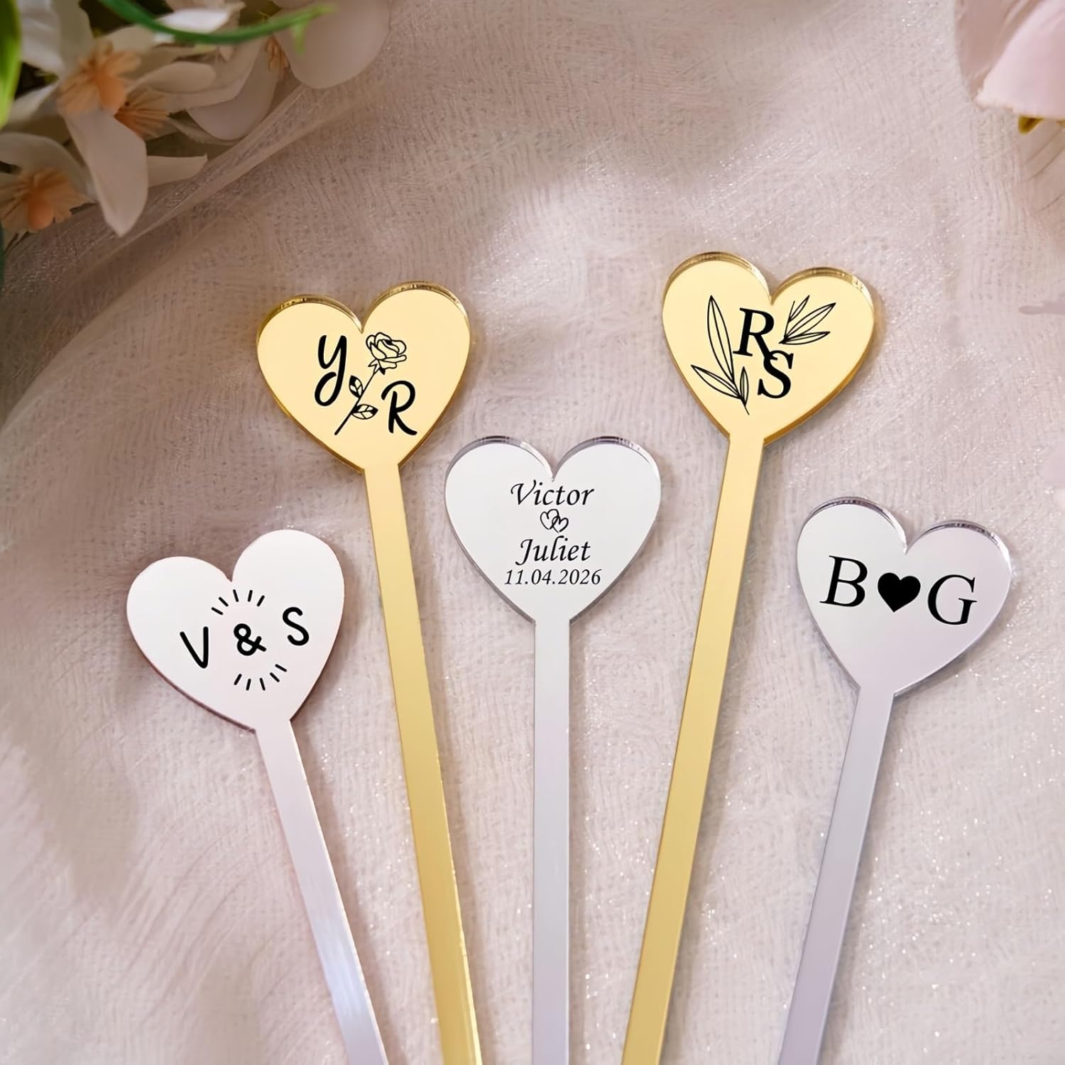 Personalized Heart Shape Acrylic Cocktail Drinks Stir Sticks for Wedding, Engraved Name Drink/Coffee Stirrers, Custom Gifts for Wedding/Party, 7inch(100pcs)