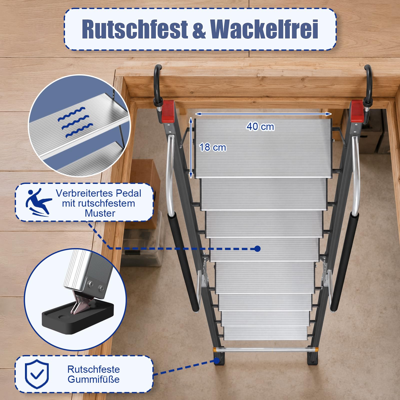 Klappbare Dachbodentreppe mit Handlauf ＆ Haken, 3–3,2m Deckenhöhe Aluminium-Bodentreppe, 12-stufige Dachbodenleitern mit Rutschfesten Stufen ＆ Fußpolstern, Tragfähigkeit 150kg