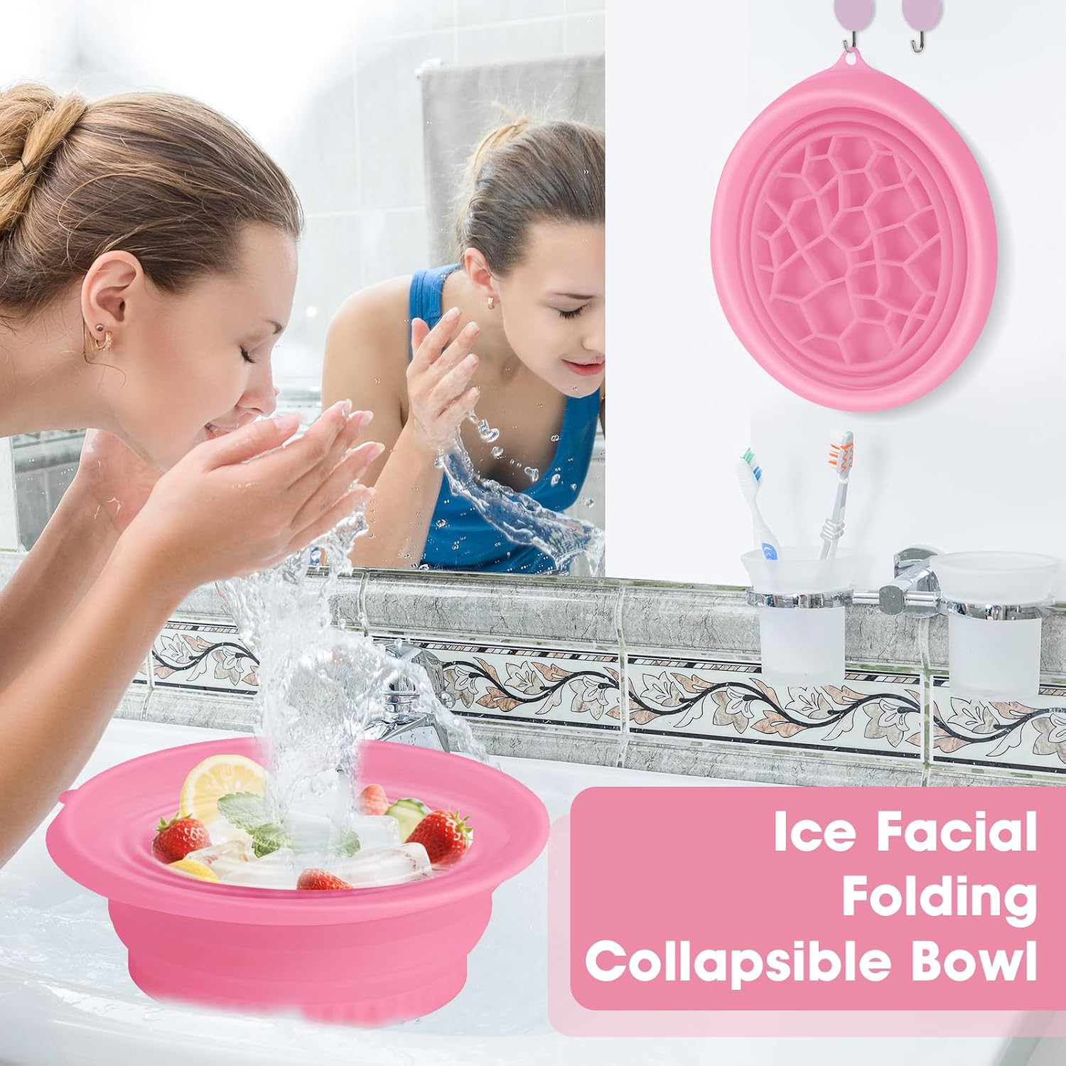 Face Bowl for Ice With Built-in Ice Tray Collapsible Silicone Facial Face Ice Bath Bowl Small Reusable Cold Plunge Basin is Portable,Perfect for Home Use,Camping,Travel Cold Bath Spa Tool & Pink