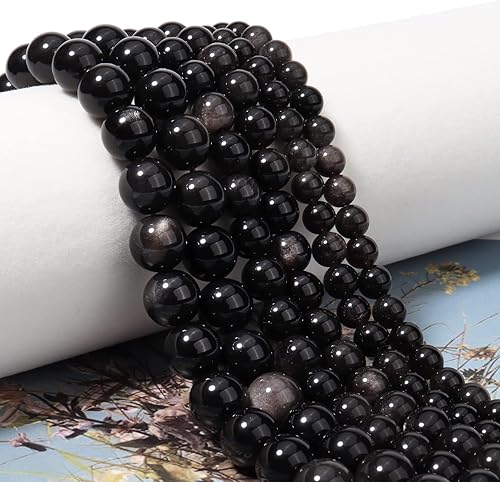 Miniatura 2 de 60 cuentas de piedras preciosas de obsidiana de plata natural de 0.236 pulgadas (0.236 in) redondas sueltas para la fabricación de joyas, pulseras y
