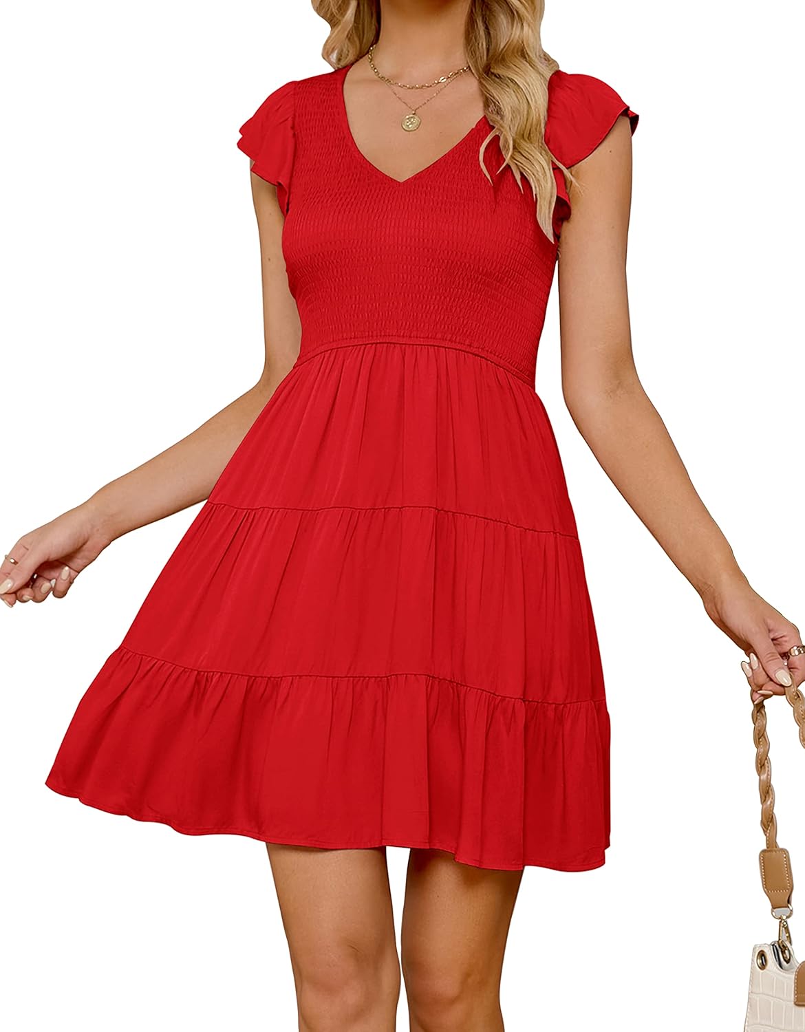 ZESICA Women's 2025 Summer Casual V Neck Flutter Sleeve Bohemian Ruffle Smocked A Line Swing Mini Dress
