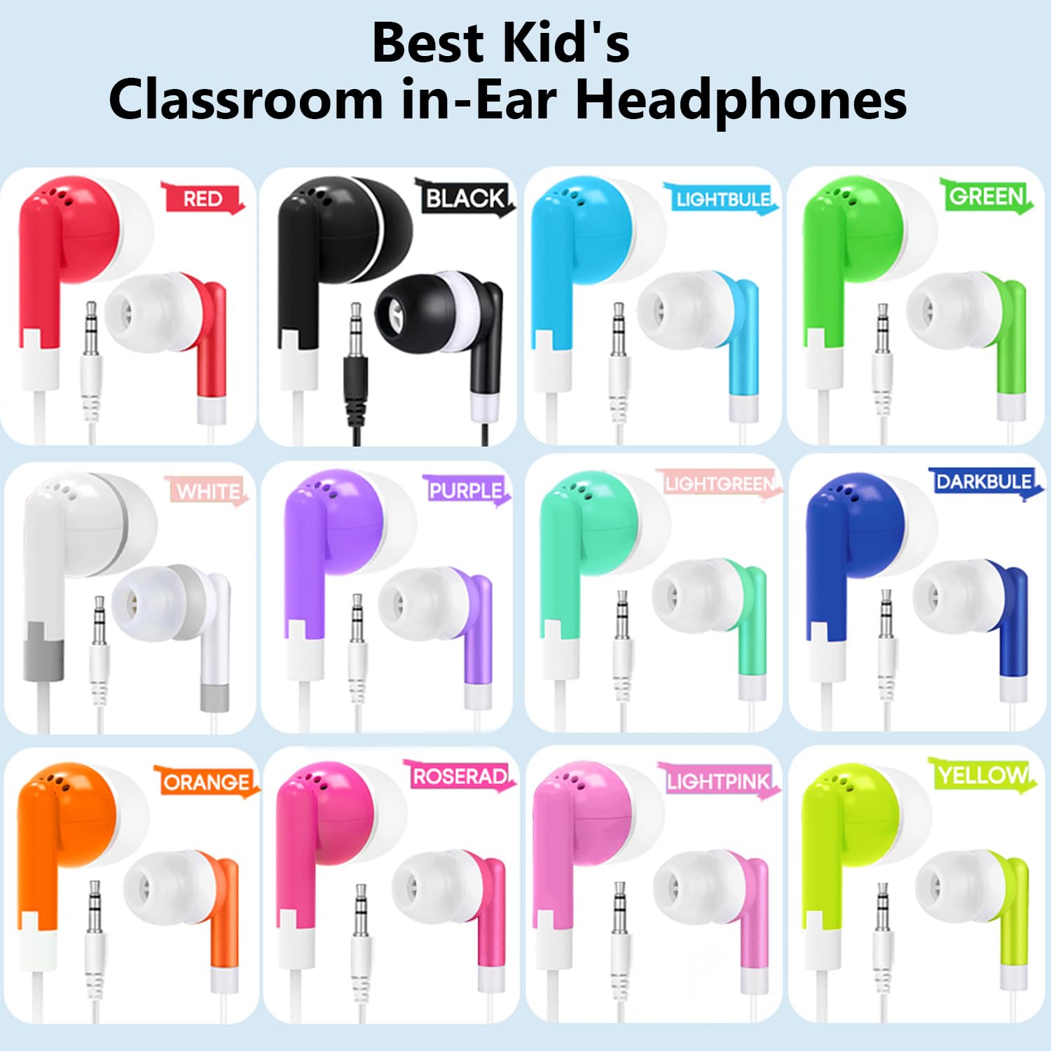 Bulk Classroom - Confezione da 50 auricolari per bambini e studenti, cuffie in-ear cablate con jack da 3,5 mm, per scuola, compatibili con Chromebook, set multipack