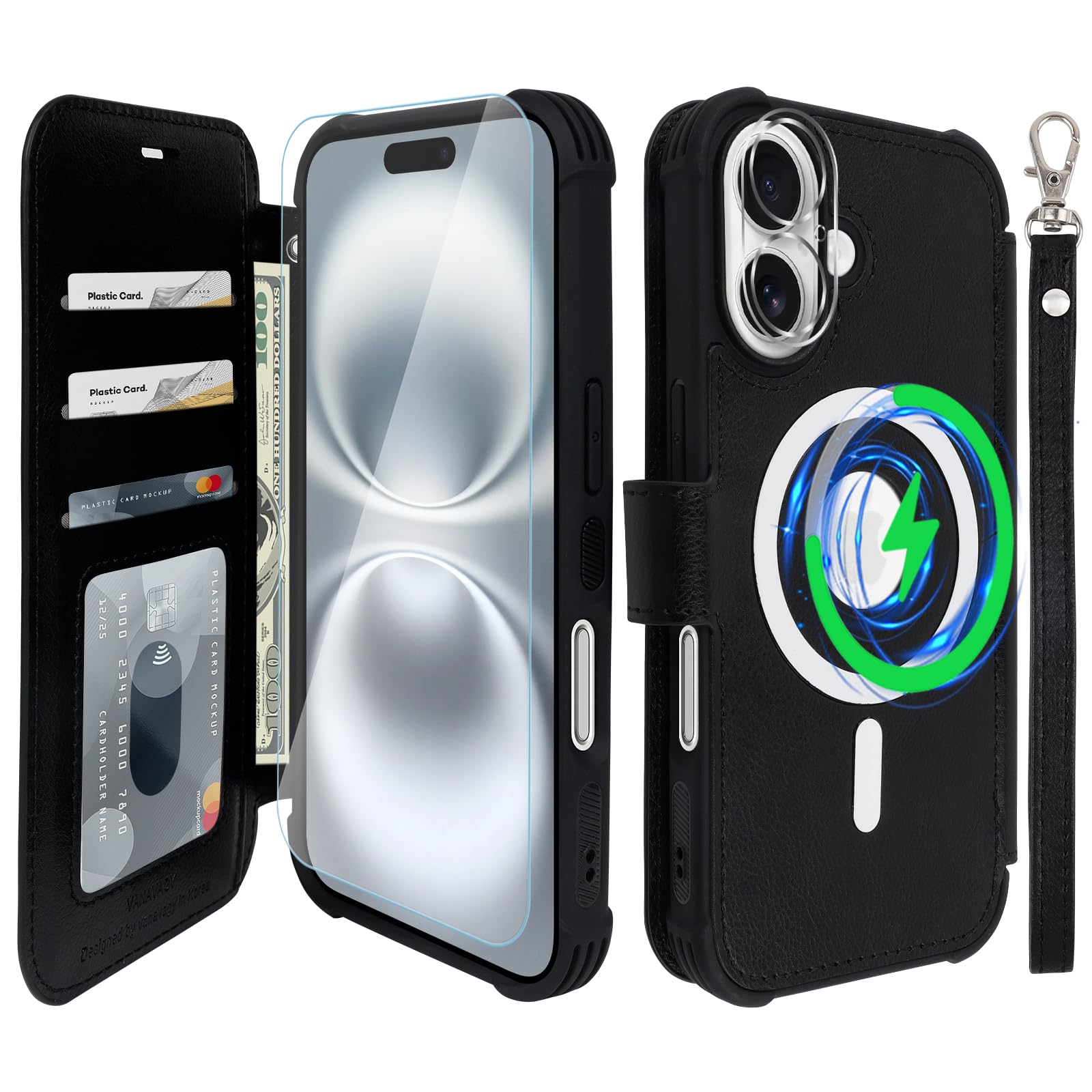 VANAVAGY Kompatibel für iPhone 16 Plus Hülle für Magsafe Drahtlos Aufladen, Leder Flip Folio Handgelenk mit RFID-Blockierung Kartenhalter, Schwarz