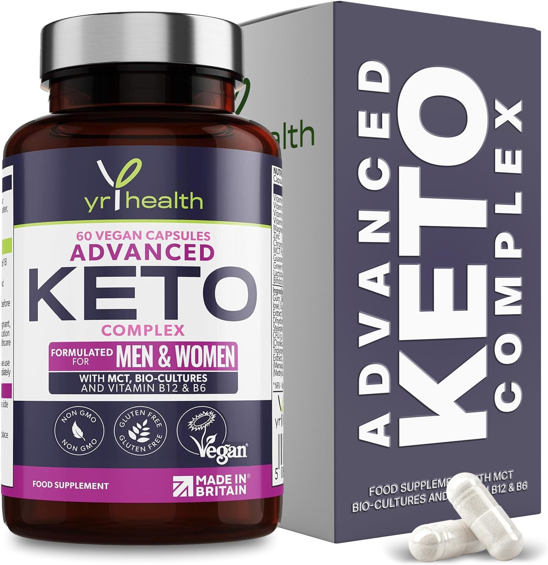 Keto Pills Max Strength Advanced Complex for Men & Women - MCT Oil, Green Tea, Bio-Cultures, Vitamins & Minerals, Carbohydrates & Fatty Acids Metabolism - 60 Vegan Capsules - Made in the UK